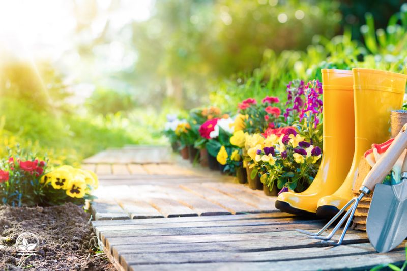 Gartenarbeit-Ausrustung-Blumenbeet-im-sonnigen-Garten