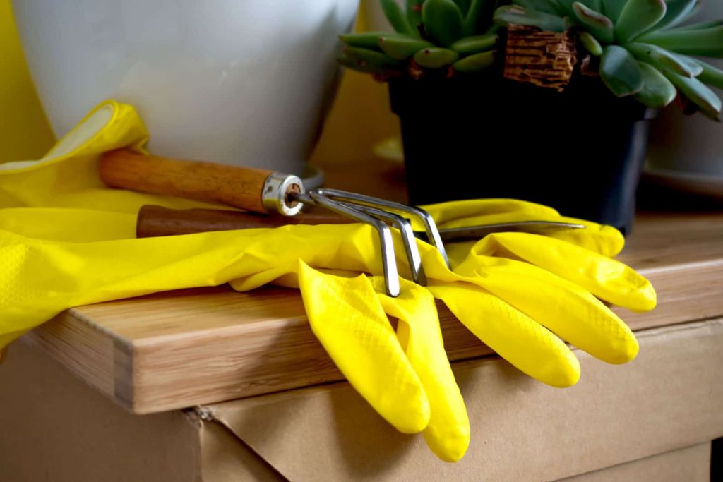 Nahaufnahmekomposition-aus-gelben-Gartenhandschuhen-und-Werkzeugen